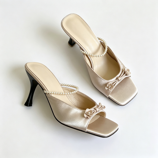 Women Champagne Satin Pearl Bow Square Toe High Heel Slides