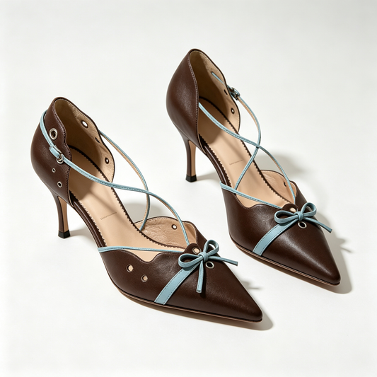 Women Brown Leather Blue Tie Bow Pointed Toe Stiletto Heels