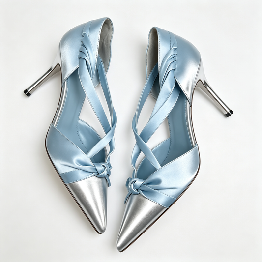 Women Blue Silver Cross Strap Pointed Toe Stiletto Heels