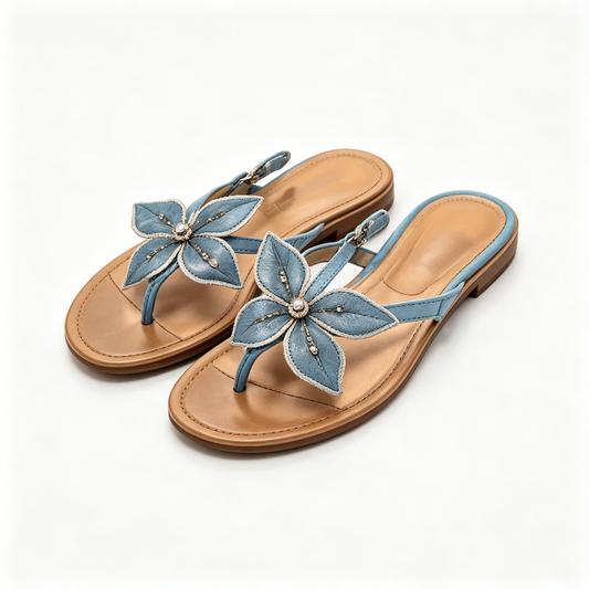 Women Light Blue Leather Flower Pearl Thong Slide Sandals