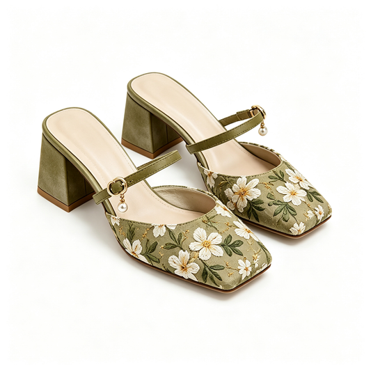 Women Olive Green Floral Embroidery Pearl Square Toe Block Heel Mules