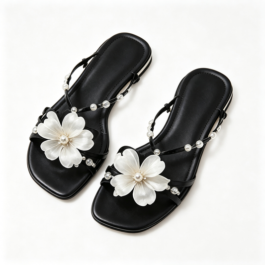 Women Black Flower Pearl Crystal Thong Slide Sandals