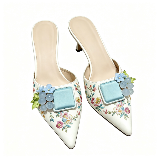 Women White Embroidered Blue Flower Pointed Toe Mid Heel Mules