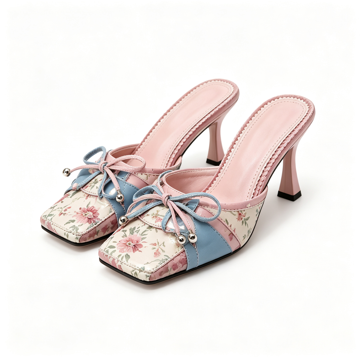 Women Pink Floral Print Bow Square Toe Kitten Heel Slides