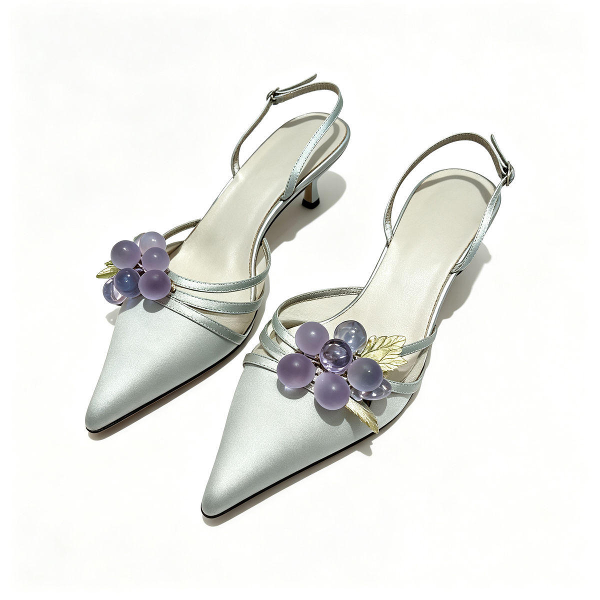 Women Silver Satin Grape Pointed Toe Stiletto Backless