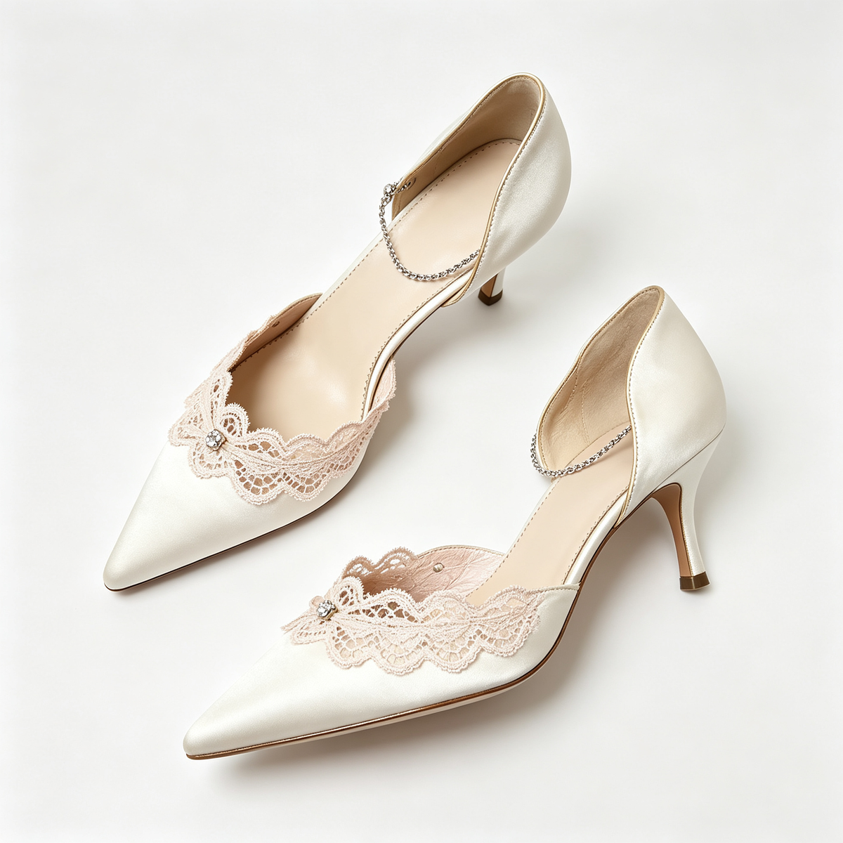 Women Ivory Satin Lace Crystal Pointed Toe Stiletto Heels