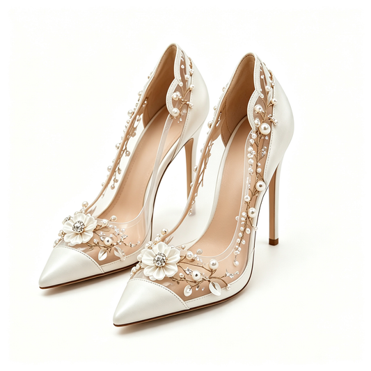 Women White Net Flower Pearl Bridal Pointed Toe Stiletto Heels