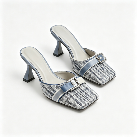 Women Blue Tweed Buckle Square Toe Flare Heel Mules