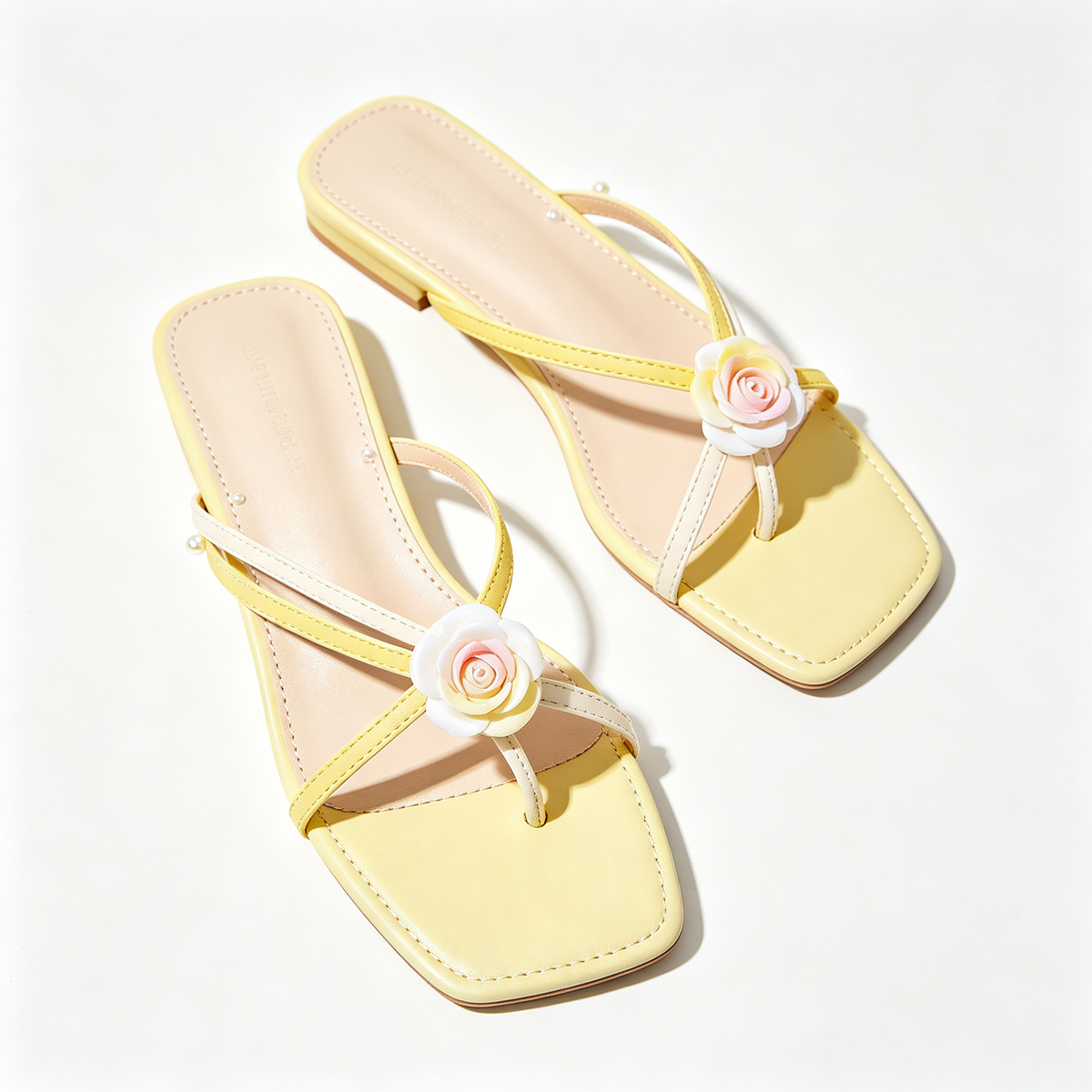 Women Yellow Cream Flower Pearl Flat Thong Slide Sandals