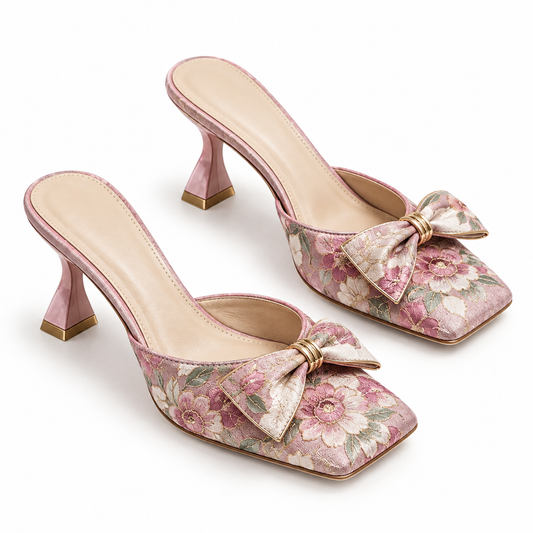 Women Pink Floral Brocade Bow Square Toe Flare Heel Mules