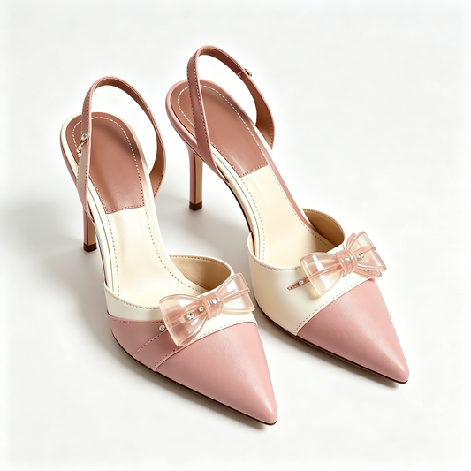 Women Cream Blush Crystal Bow Pointed Toe High Heel Backless