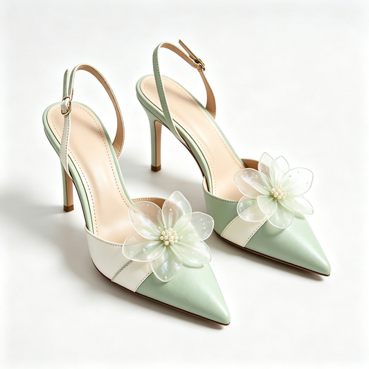 Women Mint Cream Tulle Flower Pointed Toe Backless Heels