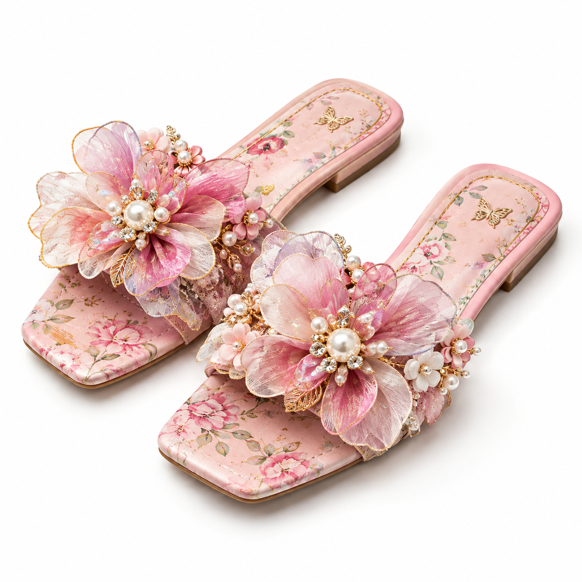 Women Pink Chinese Style Flower Pearl Flat Slide Sandals