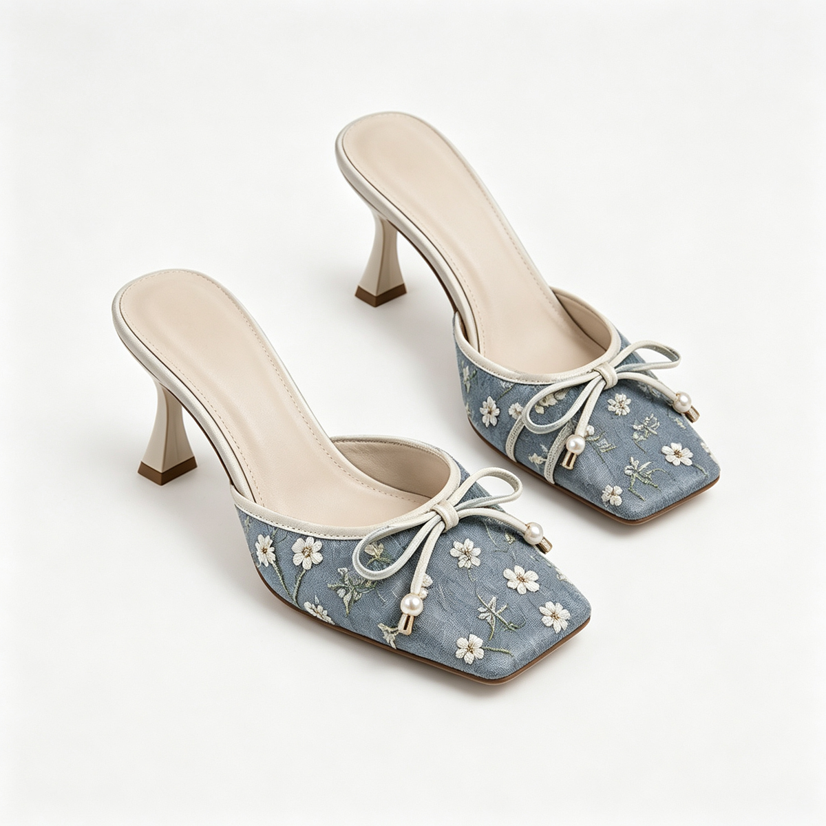 Women Blue Denim Floral Embroidery Square Toe Bow Heel Mules