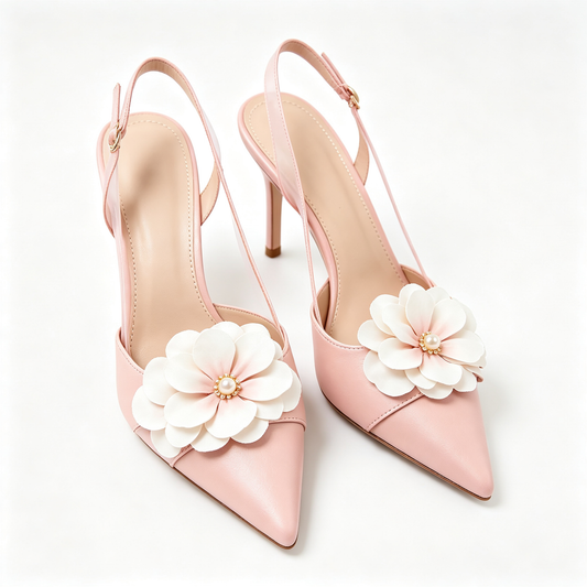 Women Blush White Flower Pearl Pointed Toe High Heel Backless