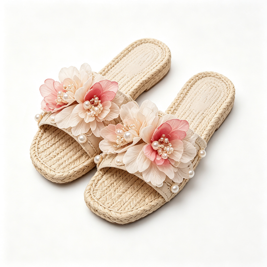 Women Straw Beige Flower Pearl Flat Slide Sandals