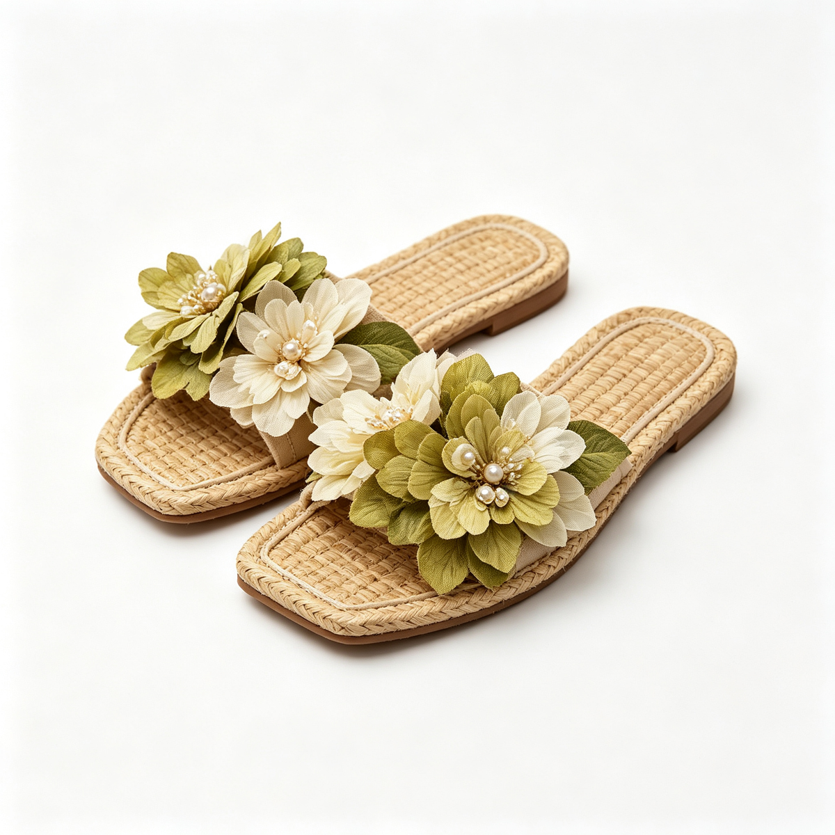 Women Straw Ivory Olive Flower Pearl Flat Slide Sandals