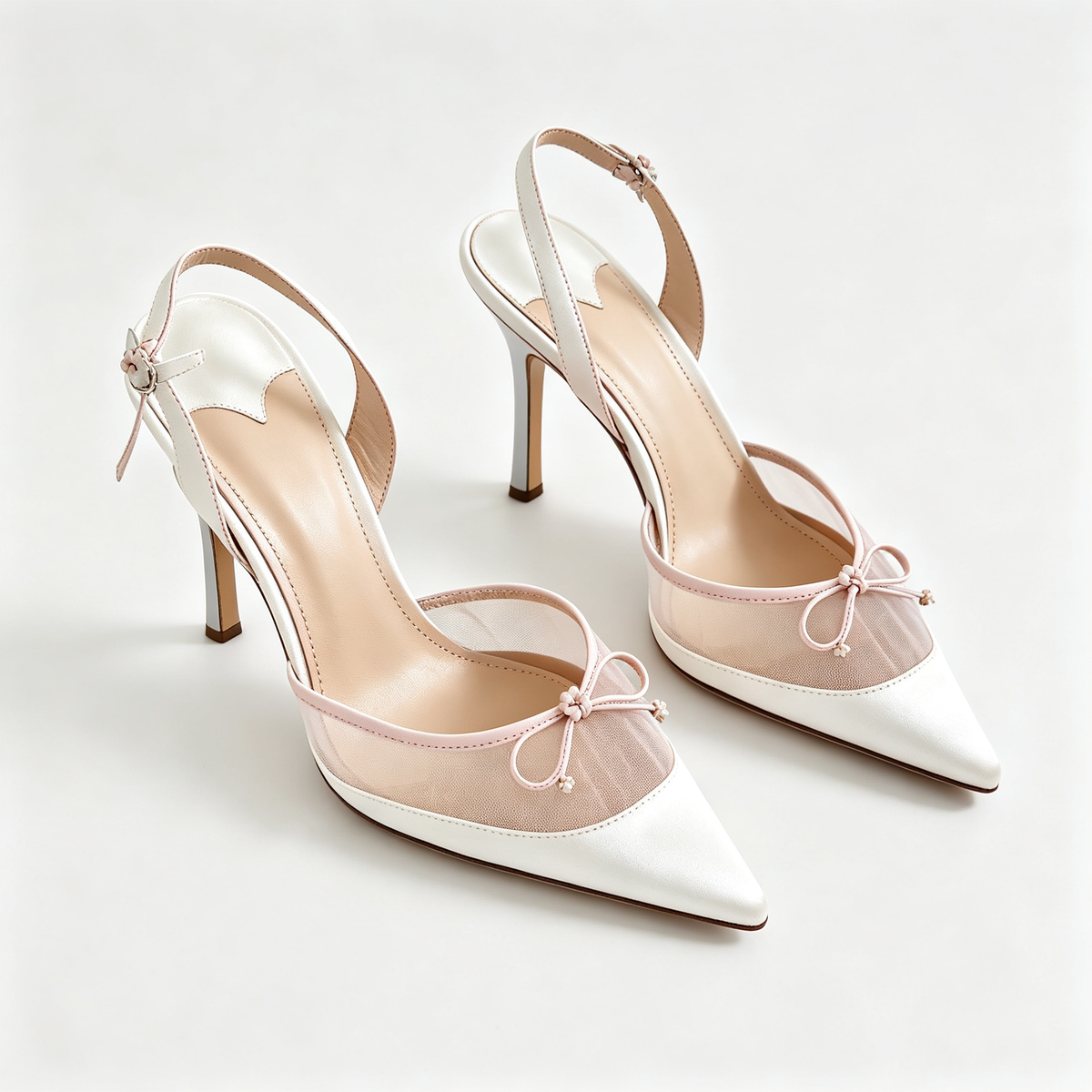 Women White Mesh Pink Bow Pointed Toe High Heel Backless