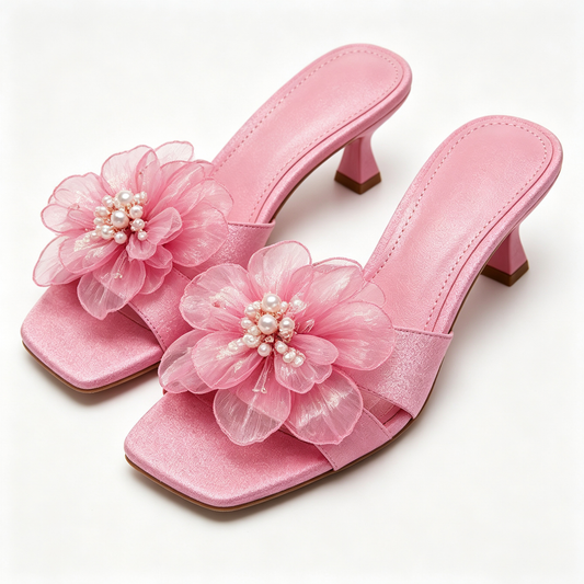 Women Pink 3D Tulle Flower Square Toe Kitten Heel Slides