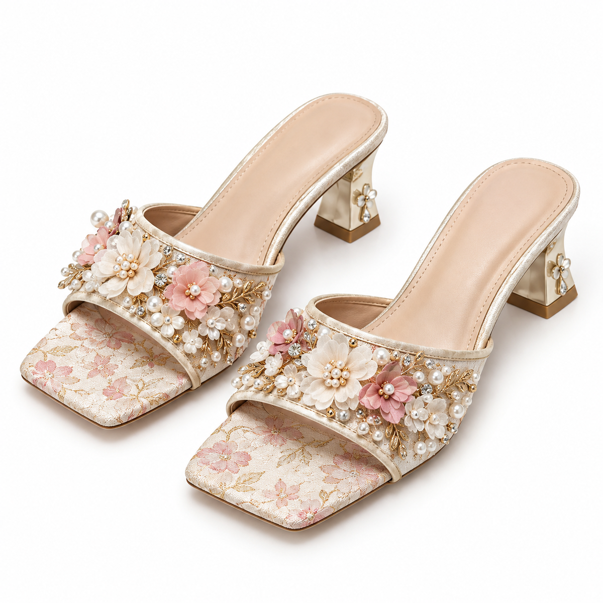 Women Cream Floral Pearl Rhinestone Square Toe Block Heel Slides