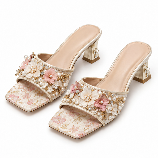 Women Cream Floral Pearl Rhinestone Square Toe Block Heel Slides