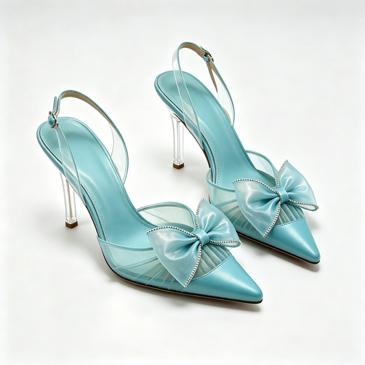 Women Baby Blue Satin Crystal Bow Pointed Toe Stiletto Backless