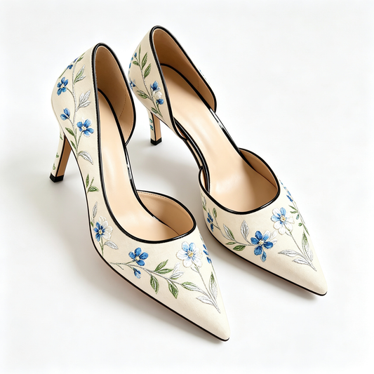 Women Cream Blue Floral Embroidery Pointed Toe Stiletto Heels