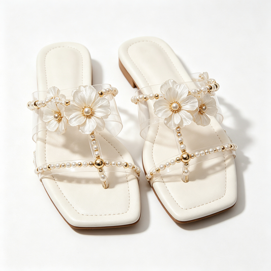Women White PVC Pearl Flower Flat Slide Sandals