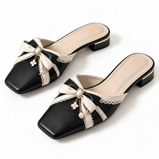 Women Black Cream Lace Bow Pearl Charm Square Toe Low Heel Mules