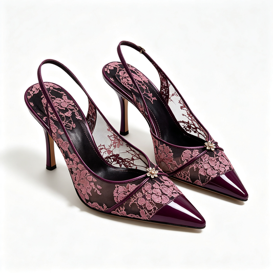 Women Black Lace Wine Flower Pointed Toe Stiletto Backless