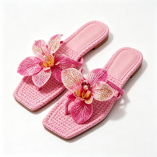 Women Pink Woven Orchid Pearl Flat Thong Slide Sandals