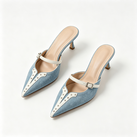 Women Light Denim Silver Stud Pointed Toe Stiletto Mules