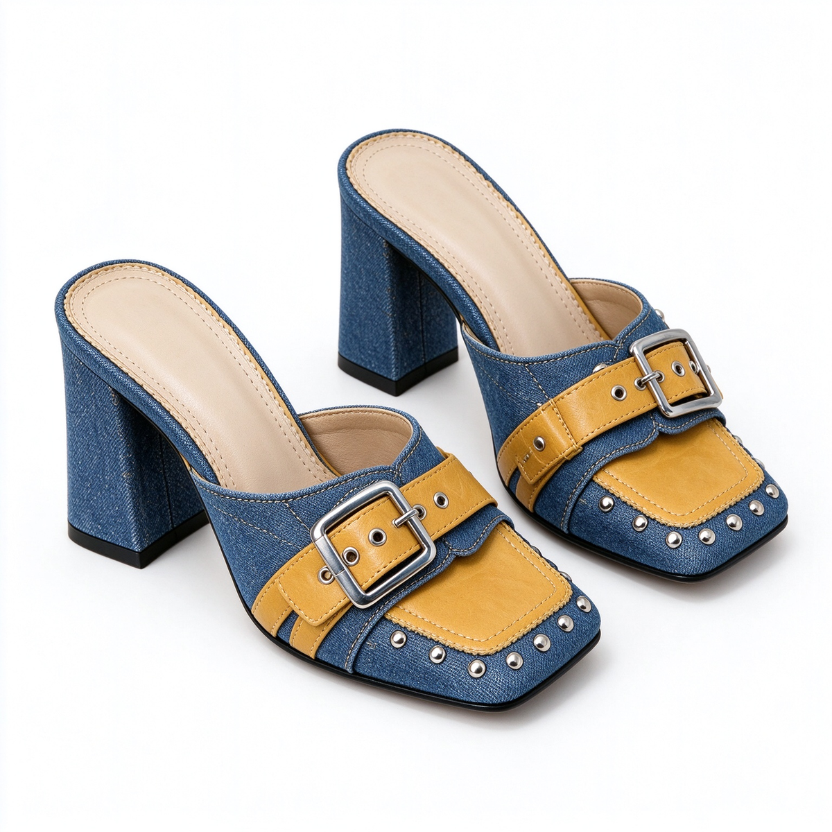 Women Denim Leather Stud Square Toe Chunky Heel Mules