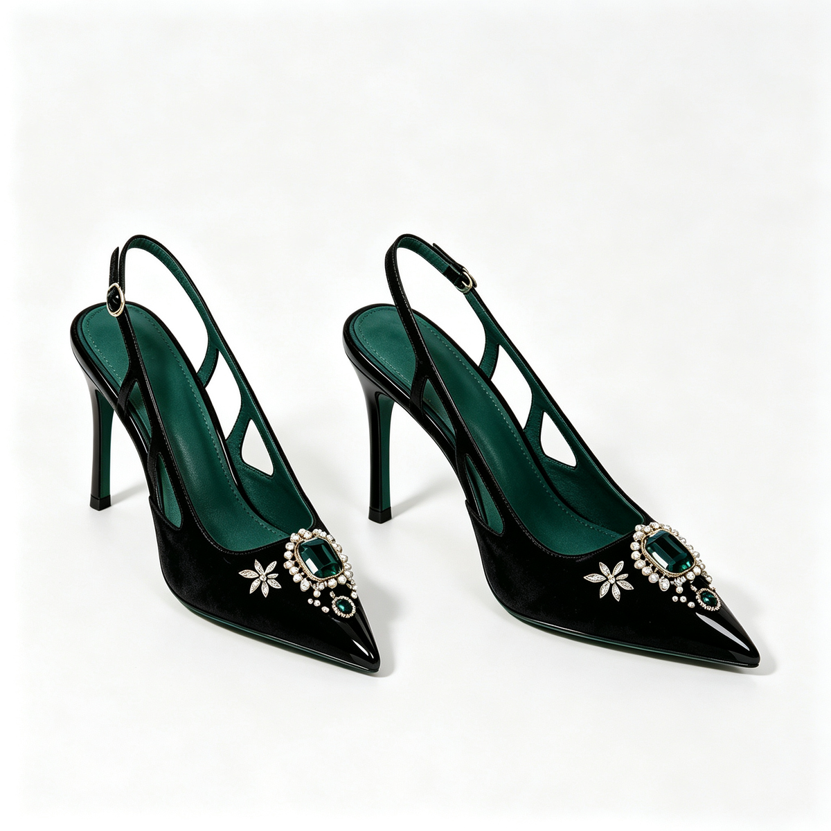 Women Black Suede Emerald Pearl Pointed Toe Stiletto Backless