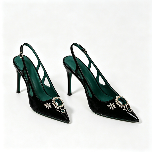 Women Black Suede Emerald Pearl Pointed Toe Stiletto Backless
