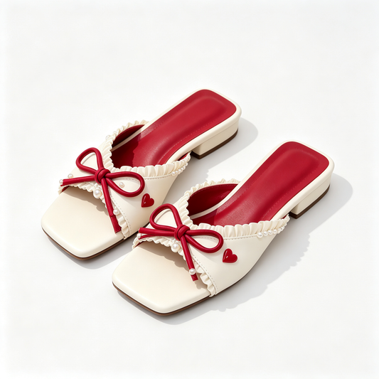 Women Ivory Red Bow Ruffle Pearl Flat Slide Sandals