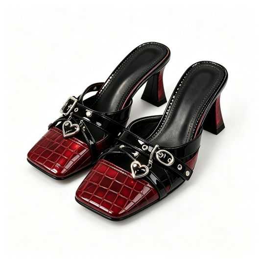 Women Red Croc Black Heart Square Toe Chunky Heel Backless